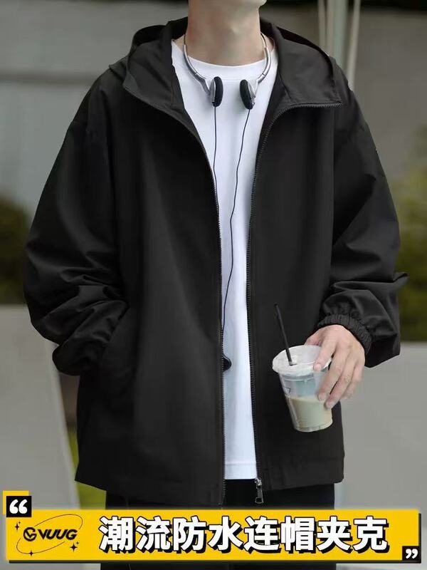 春夏のフード付き薄手ジャケット、メンズ多用途ハンサムルーズバージョンカジュアルトレンディブランド防水日焼け止めジャケット|undefined