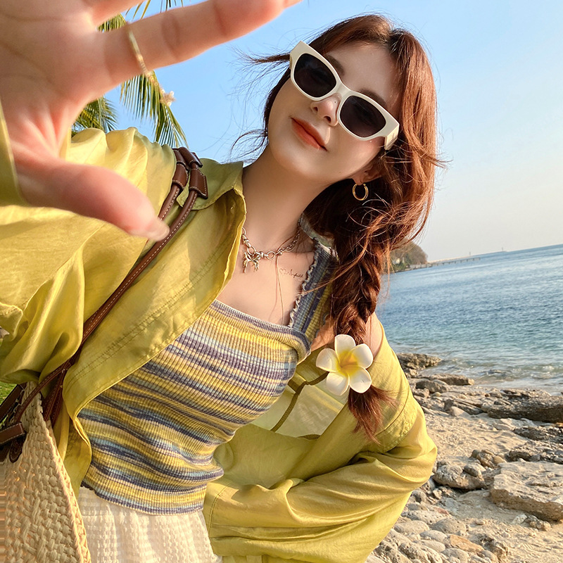 Ruffled Edge Camisole for Women, Unique Design, Color-Blocking Knit Striped Inner Layer, Sleeveless Top