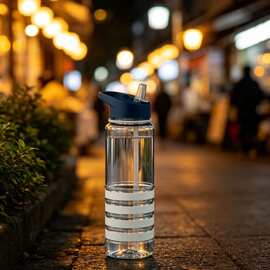 简约高颜值塑料水杯 透明直筒吸管 提手防滑套学生运动水杯