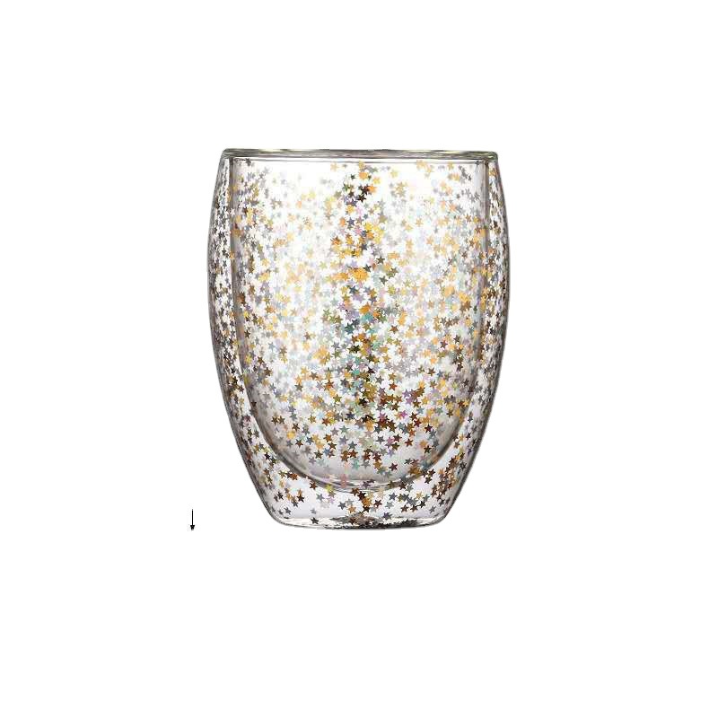 Copa de bebida cielo estrellado brillante de doble capa de vidrio borosilicato de doble capa de vidrio láser estrella de lentejuelas