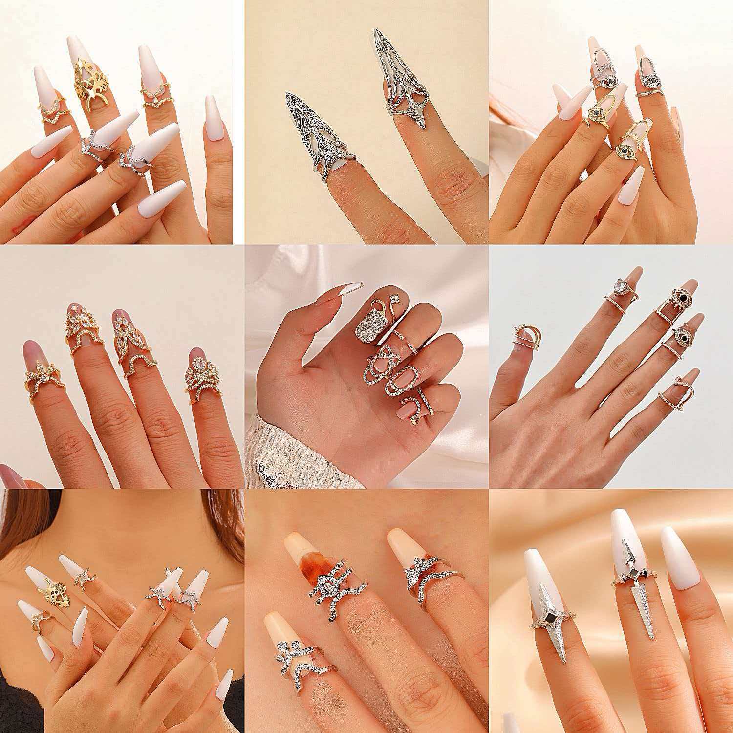 European and American trend geometric diamond opening nail ring Women's ins niche design temperament exquisite nail ring