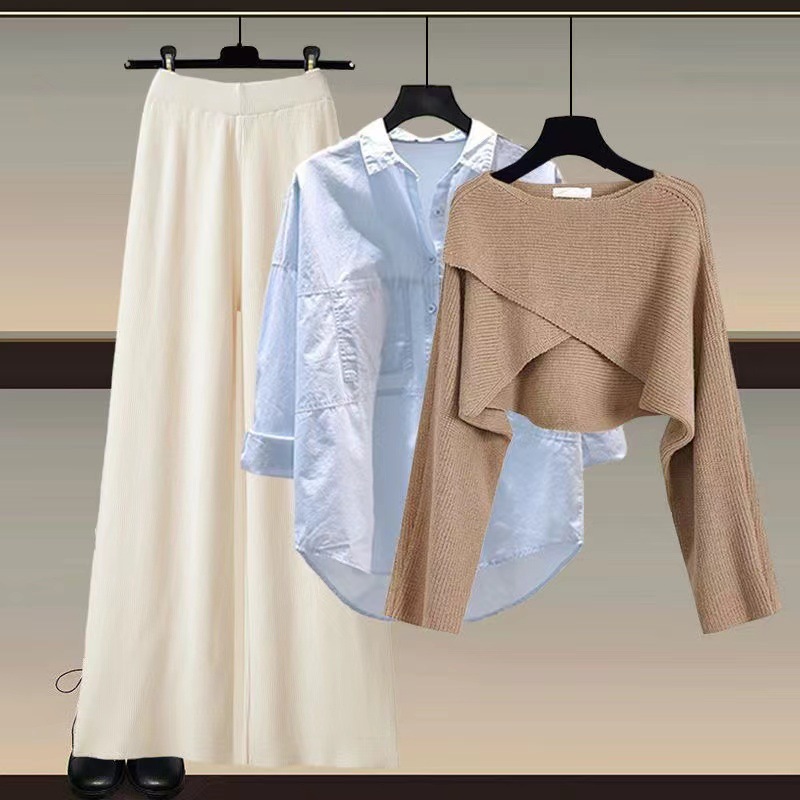 GraceChic Strickpullover, Hemd und weite Hose, dreiteiliges Set, Herbst/Winter-Outfit 2024, Damenmode in großen Größen_voghion.com