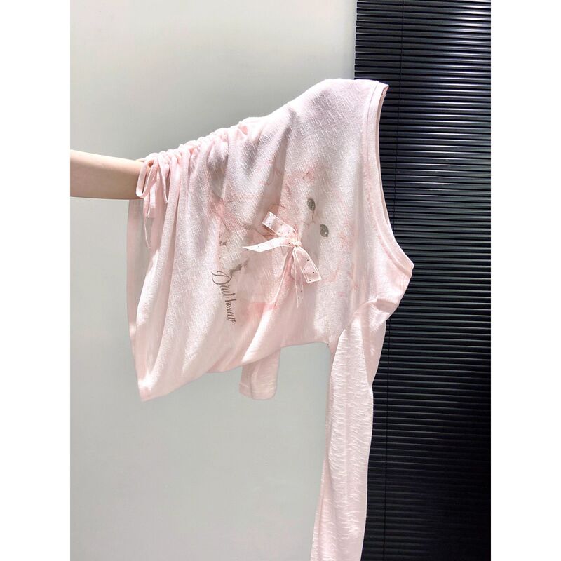 粉色少女蝴蝶结甜美猫咪印花露肩长袖T恤春秋微透辣妹慵懒上衣女|undefined
