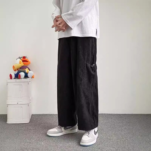 Corduroy wide-leg pants for men, spring and autumn wheat ear pattern loose straight sports casual pants, drooping anti-wrinkle pants for autumn and winter