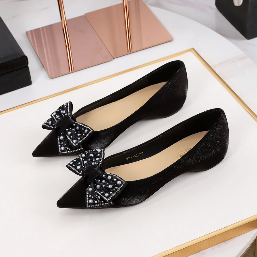 531-H99 Korean version sweet rhinestone bow flat heel shoes with pointed shallow mouth and increased temperament, silk single shoes for women