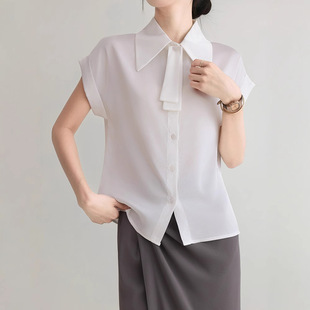 -French Socialite Style! Solid Color Large Lapel Short-Sleeved Women's Acetate Soft and Skin-Friendly Preppy Girl's Cabinet Collector's Edition