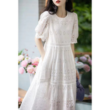 [QZP480094MG] 笑涵阁 法式小众 甜美泡泡袖短袖白色纯棉连衣裙