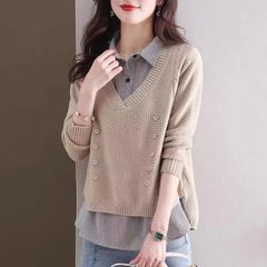 秋冬の女性用フェイクツーピースセーター、新しいスタイル、ゆったりとしたインナーパッチワークシャツ、襟付きトップス、アウターニットボトムシャツ、トレンディ