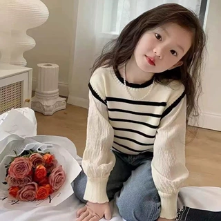 2025新款儿童秋装拼接泡泡袖毛衣秋冬季女宝宝针织衫条纹上衣童装