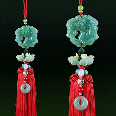 pendant perfume security talisman car | Car hanging - green-jade-money-bite-pixiu-red-tassel-lotus-style