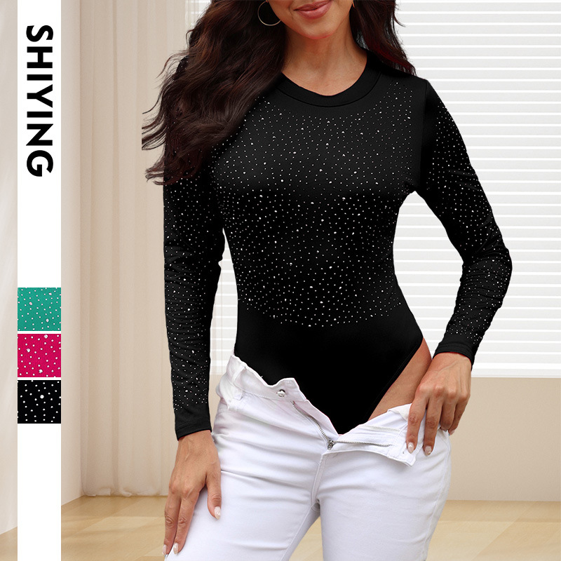 Shiying de moda micro-elástico de las mujeres medias transfronterizas otoño nuevo rhinestone caliente en relieve cuello redondo mono de manga larga para las mujeres