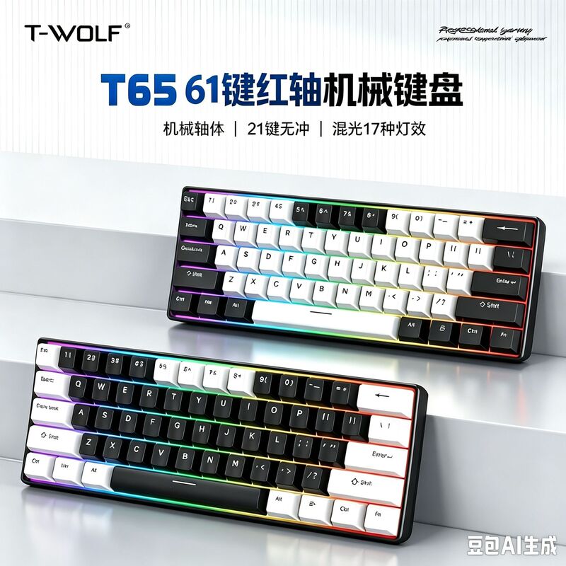 T-WOLF Thunderwolf T65 Mechanical Keyboard Wired Gaming Computer Illuminated 61-Key Mini Keyboard Arabic