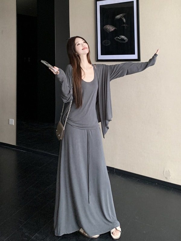 大码女装长袖开衫女2025早秋薄款慵懒风上衣+背心+半身裙三件套装|undefined