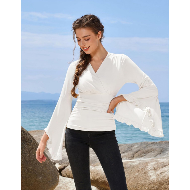 Amazon Cross-Border European and American Style Pure Desire V-Neck Bell-Sleeve Shirt 2026 Spring New Wrap-Around Casual Ruffle Top