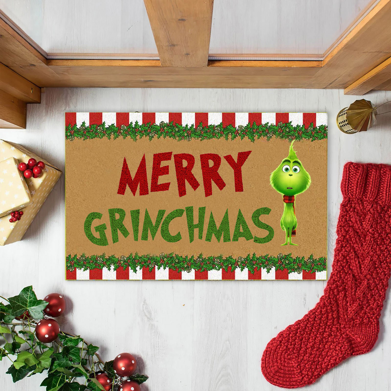 En stock Grinch alfombra del piso transfronterizo alfombra de Navidad alfombra de puerta de vacaciones verde payaso alfombra del piso
