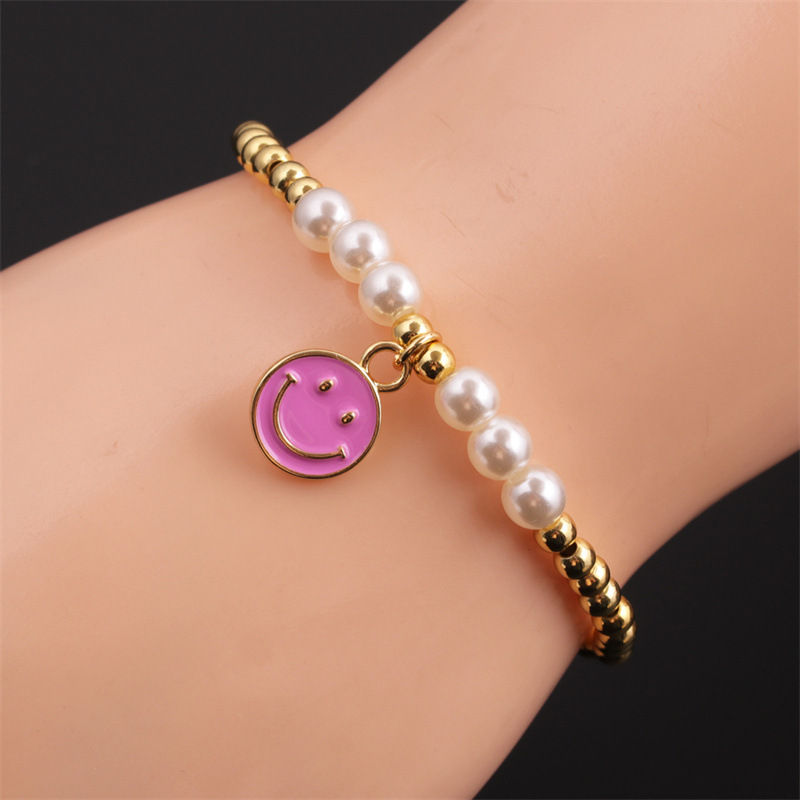 Dripping Oil Smiley Face Pendant Pearl Copper Beaded Bracelet Wholesale Nihaojewelry display picture 6