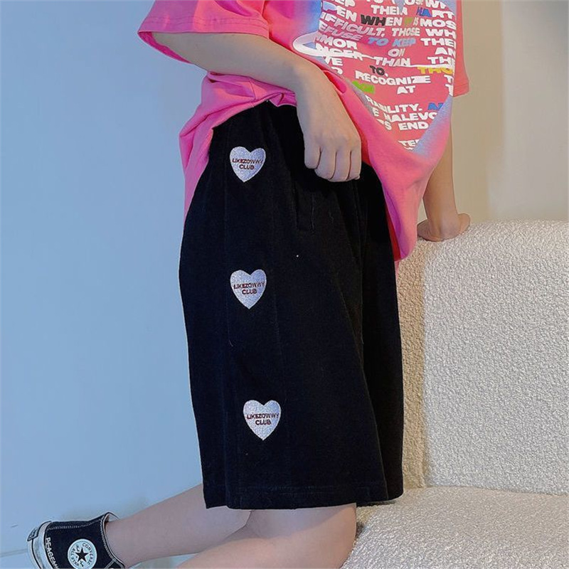 Black Casual Shorts Women's 2023 Summer Love Embroidered Loose Wide Leg Pants High Waist Running Fitness Sports Pants