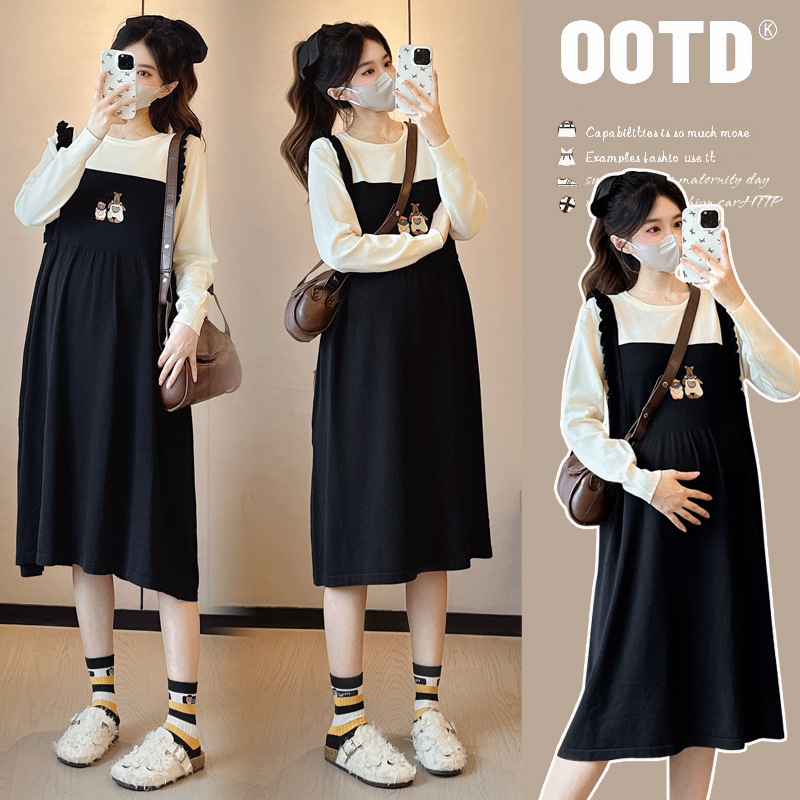 Maternity Dress Spring and Autum Trendy Mom New Loose Elegant Round Neck Fake Two-Piece Sweater Knitted Skirt Autum and Winter Clothing Maternity Dress Spring and Autum Trendy Mom New Loose Elegant Round Neck Fake Two-Piece Sweater Knitted Skirt Autum and Winter Clothing