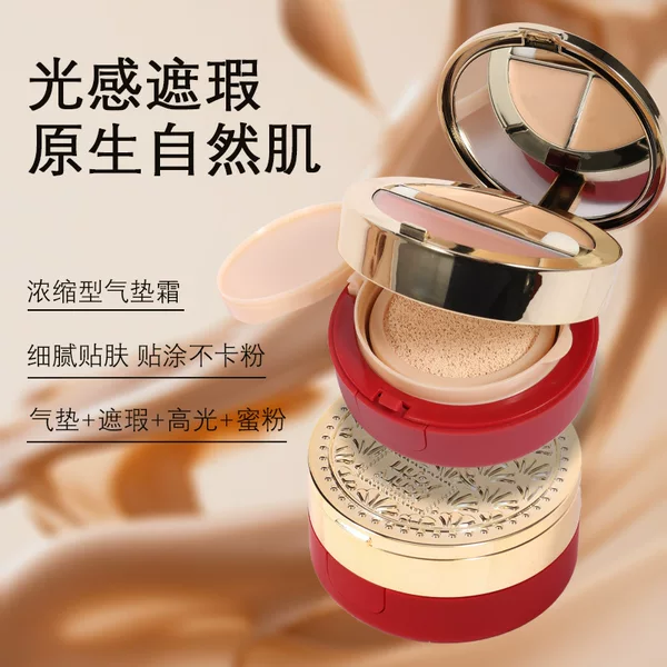 Skin-Nourishing Three-Layer Makeup-Setting Cushion Cream, Two-Color Concealer, High-Gloss Setting Powder, 4-in-1 Moisturizing, Long-Lasting, Non-Removing Makeup Cushion