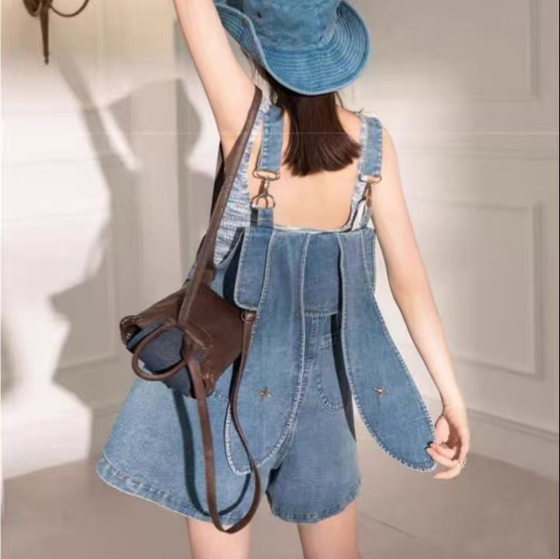 Age-reducing Elegant Rabbit Ear Denim Strap Shorts Women's Summer Thin plus size chubby girl Western-style Slim-fit Pants