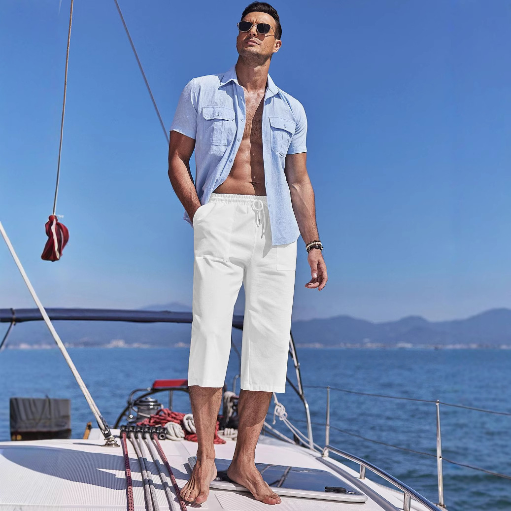 Europäische und amerikanische grenzüberschreitende Bestseller: Herren-Strandhose mit mittelhohem Bund, Kordelzug, einfarbig, verkürzt, mit Taschen, ideal für Yoga und Strand._voghion.com
