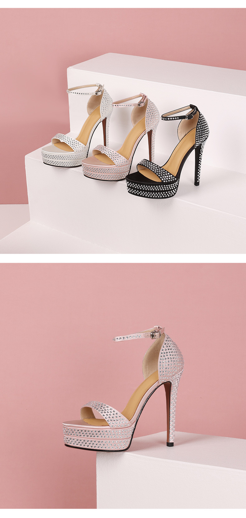 Sandal cao gót nữ đính đá phong cách châu Âu, đế dày platform, gót siêu cao 12 cm — Màu đen chi tiết 4