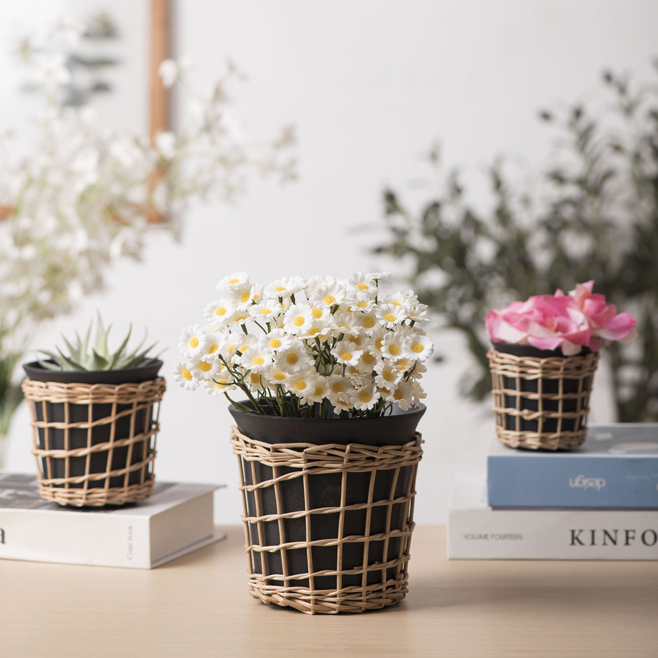 Maceta de plástico decorativa de sauce, planta verde, decoración de mesa, maceta de eneldo verde, balcón, jardín, maceta tejida creativa