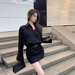 黑色长袖衬衫连衣裙女早秋御姐风气质裙子高级感显瘦收腰包臀短裙