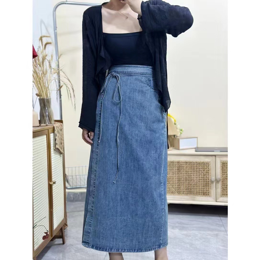 Lace-up Loose Thin Denim Wrap Skirt Dape Elegant One-piece Slim Skirt Autumn Pants High Waist All-match Overskirt