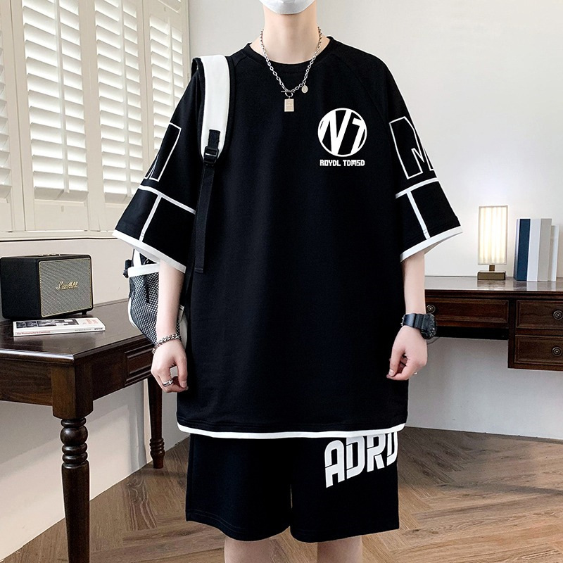 New Oxygen Cotton Suit Men's Summer Hong Kong Style Loose Sports Large Size Men's Shorts Short-Sleeved Set with Handsome Clothes