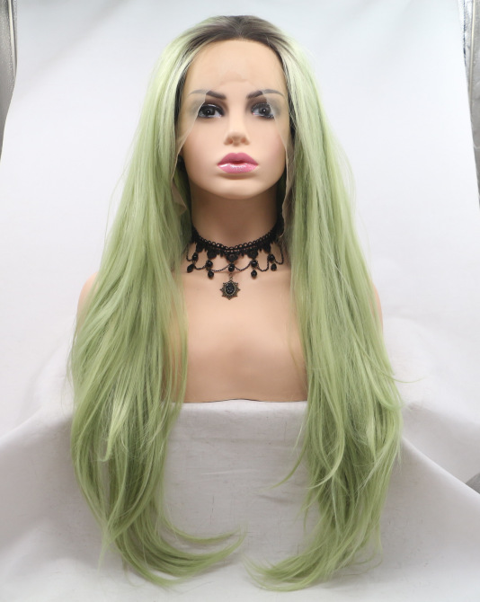 Encaje frontal de fibra química verde Cabello largo y liso Encaje europeo y americano Cabeza larga LW0275