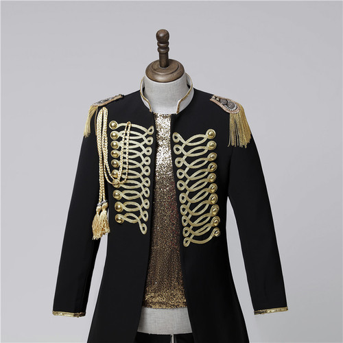 Male black with gold singer jazz dance England style mid-length coat magician host groomsman double-breasted tassel stage court dress suit photo studio photography clothing