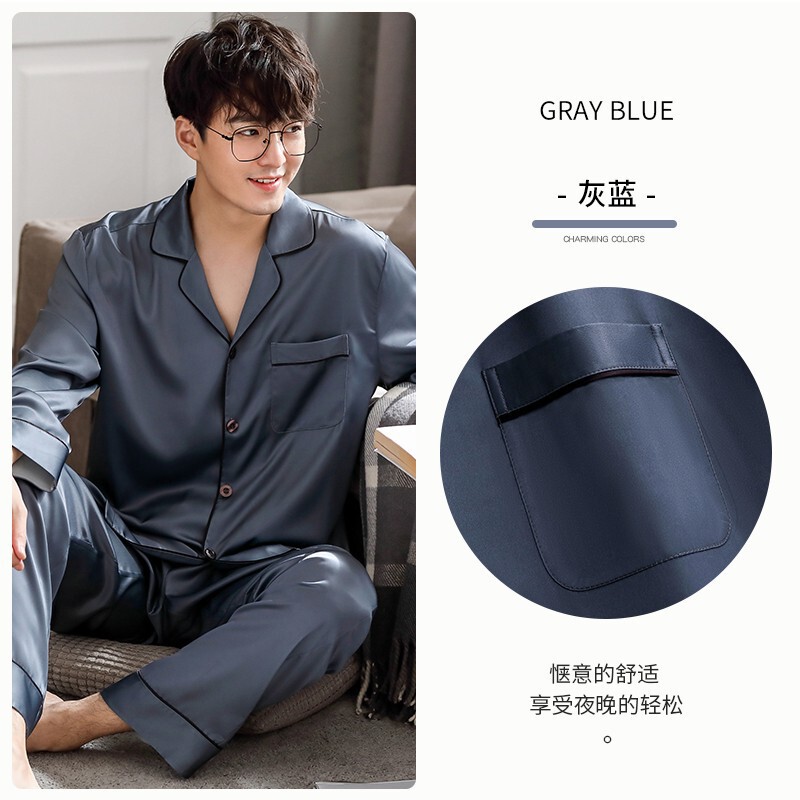 Ice Silk Pajamas Men's Long-sleeved Spring and Autumn Thin Satin Emulation Silk Grey-blue Ice Silk Home Clothes for Middle-aged and Elderly Ice Silk Pajamas Men's Long-sleeved Spring and Autumn Thin Satin Emulation Silk Grey-blue Ice Silk Home Clothes for Middle-aged and Elderly