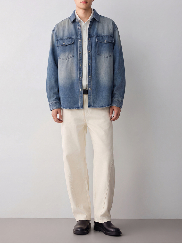 Áo sơ mi denim nam phong cách đường phố, hiệu ứng mài trắng làm cũ, hai túi ngực — Cao bồi xanh chi tiết 18