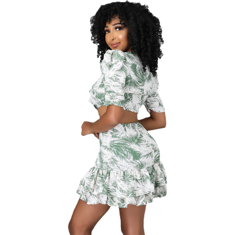 Vestido de chifón de verano estilo chino, falda con volantes, estampado verde europeo y americano, moderno y elegante. image 2