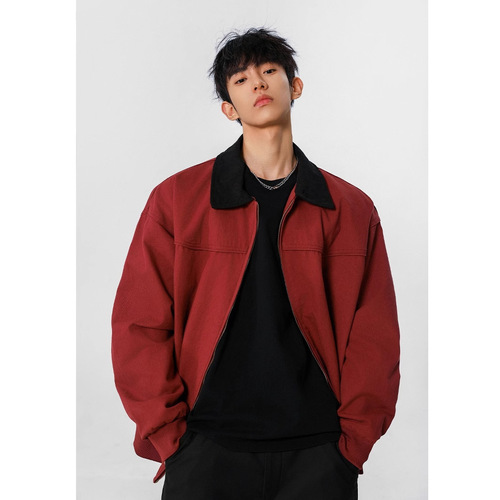 Retro Wine Red Detroit Jacket for Men, American Streetwear Trendy Brand, Cool and Casual, Harrington Collar Outerwear