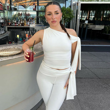 欧美女装2025秋季新品时尚街拍斜领无袖上衣修身系带短裤百搭套装