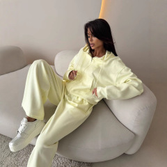 亚马逊欧美跨境运动套装长袖拉链开衫连帽卫衣系带长裤两件套棉