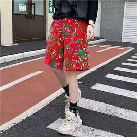 宽松花裤衩搞怪伴郎五分裤男女情侣宽松东北大花沙滩裤短裤大裤衩