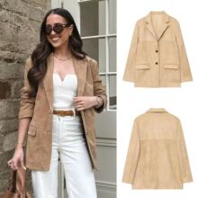 ZA速卖通爆款跨境外贸欧美风女装麂皮绒绒面宽肩夹克西装外套