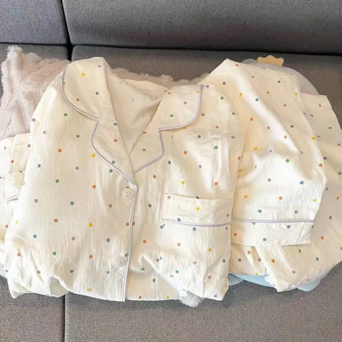 波点小狗卡通云朵纯棉纱睡衣女款2025新款春秋季长袖宽松家居服夏|undefined