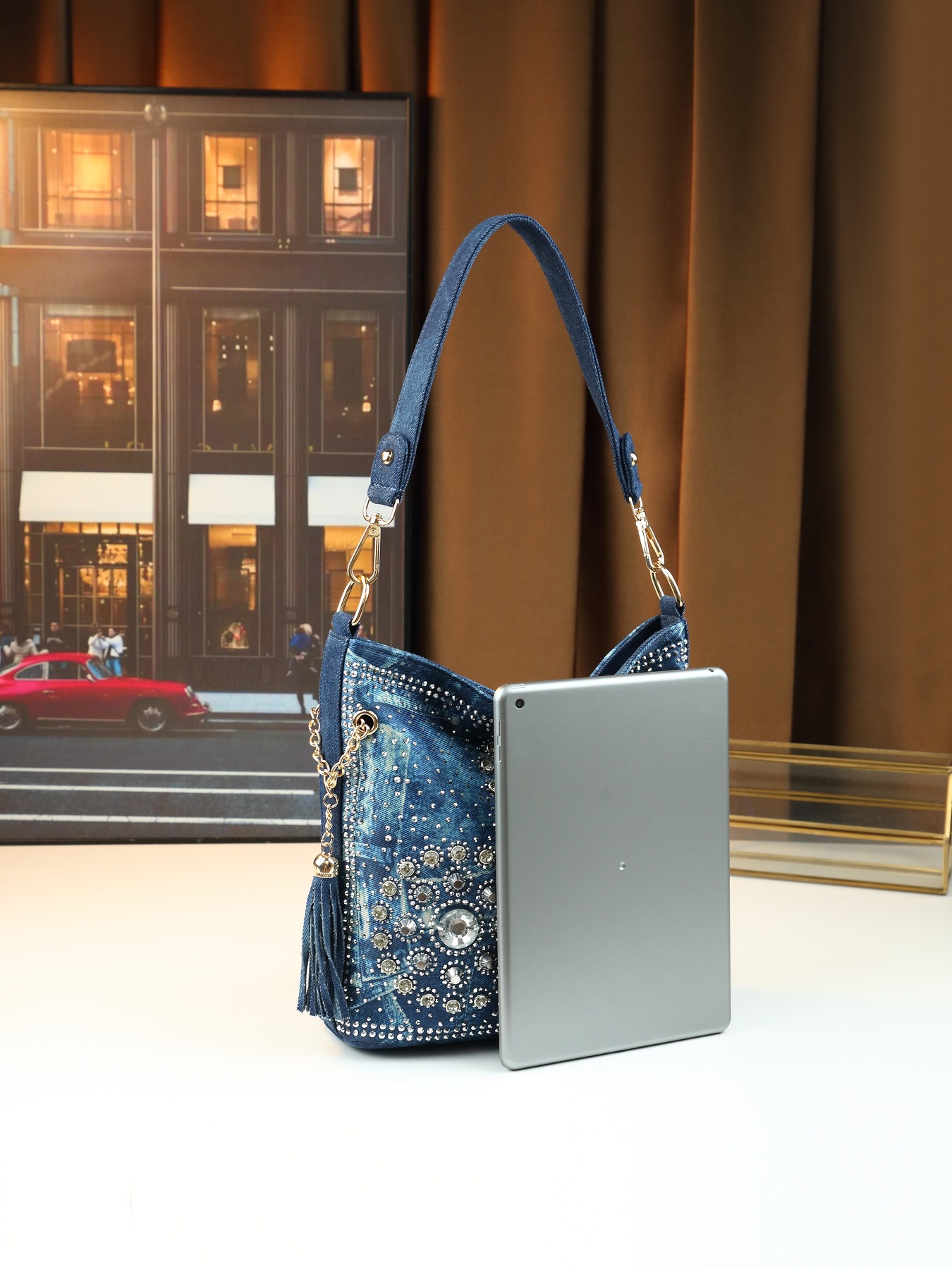 Borsa a spalla da donna in jeans con strass borsa a tracolla_voghion.com