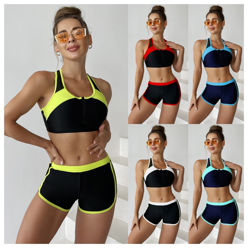 Women's Split Sports Swimsuit with Contrasting Color Stitching Front Zipper High Waist Shorts Fitness Swimming Yoga Hot Spring Resort Swimsuit Women's Split Sports Swimsuit with Contrasting Color Stitching Front Zipper High Waist Shorts Fitness Swimming Yoga Hot Spring Resort Swimsuit