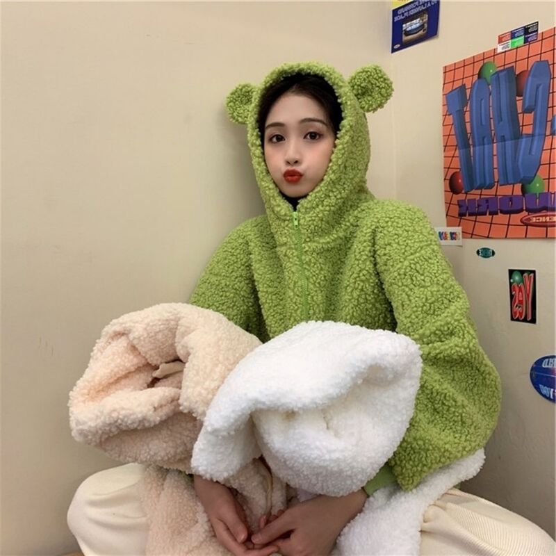 2026 New Autumn and Winter Lamb Wool Bear Ear Fun and Cute Jacket for Female Students Loose Hooded Sweatshirt for Women