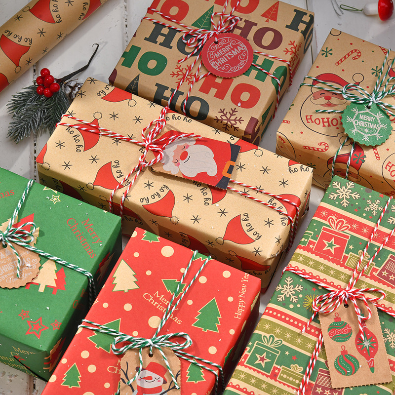 新しいレトロクラフト紙包装紙クリスマスプレゼント包装紙雪だるま鈴クリスマスツリーギフト紙|undefined