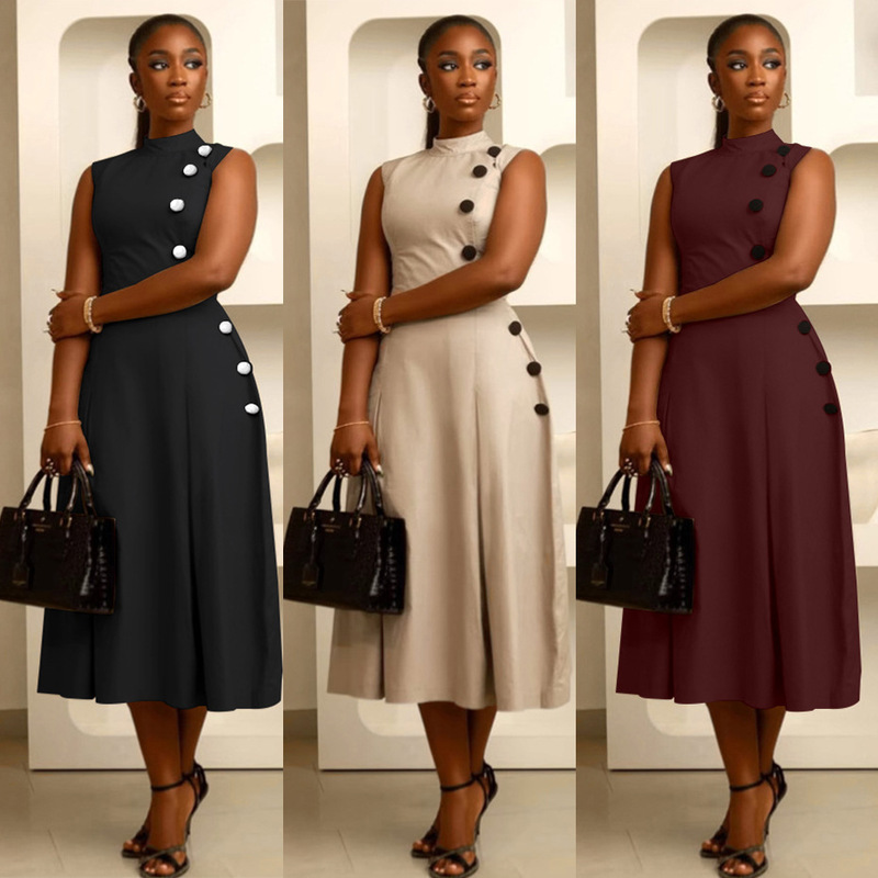 S10993 European and American Elegant Waist-Cinching Stand-Up Collar Sleeveless Button-Decorated Dress S10993 European and American Elegant Waist-Cinching Stand-Up Collar Sleeveless Button-Decorated Dress