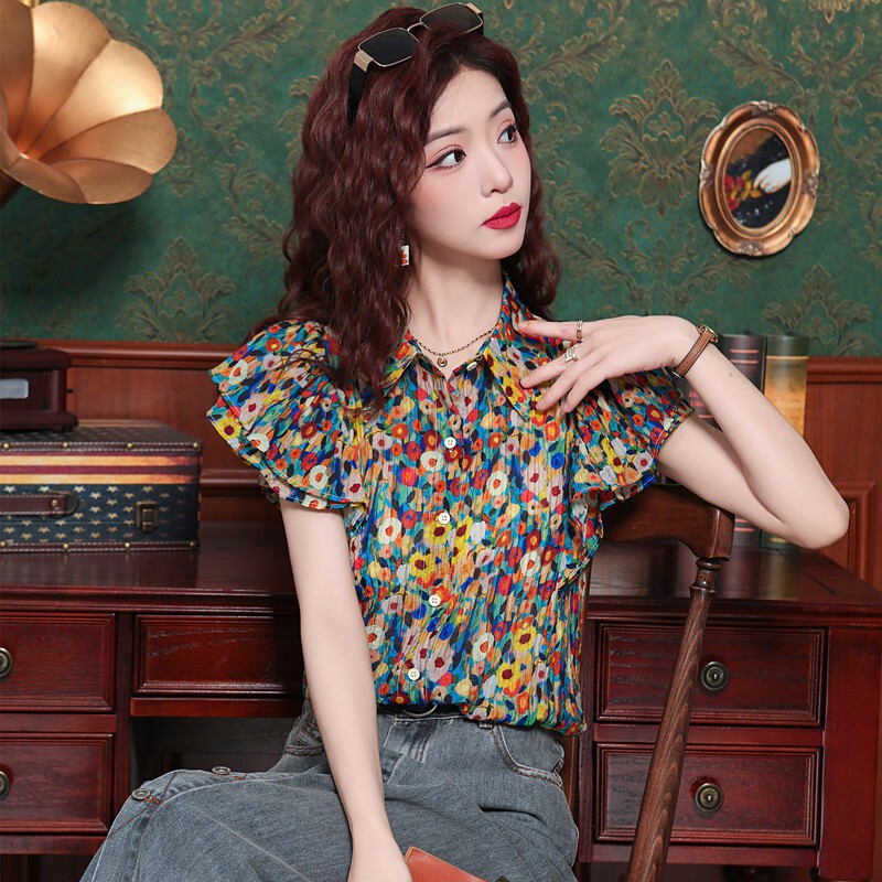 Yujie Fan Cross-border Summer Port Style Temperament Color Age-reducing Top Shirt Shirt Design All-match Floral Foreign Style Shirt