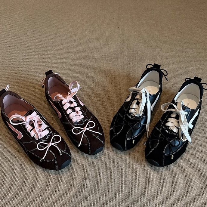 Cowhide Sports Casual Shoes Women's Flat Shoes Autum New Genuine Leather Lace-Up Bow Stripesd Women's Low-Top Shoes