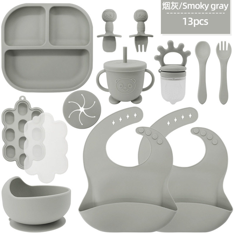 Juego de vajilla de silicona para niños transfronterizos Tazón de comida especial para bebés y niños pequeños Cuchara de silicona de grado alimenticio Juego completo de babero