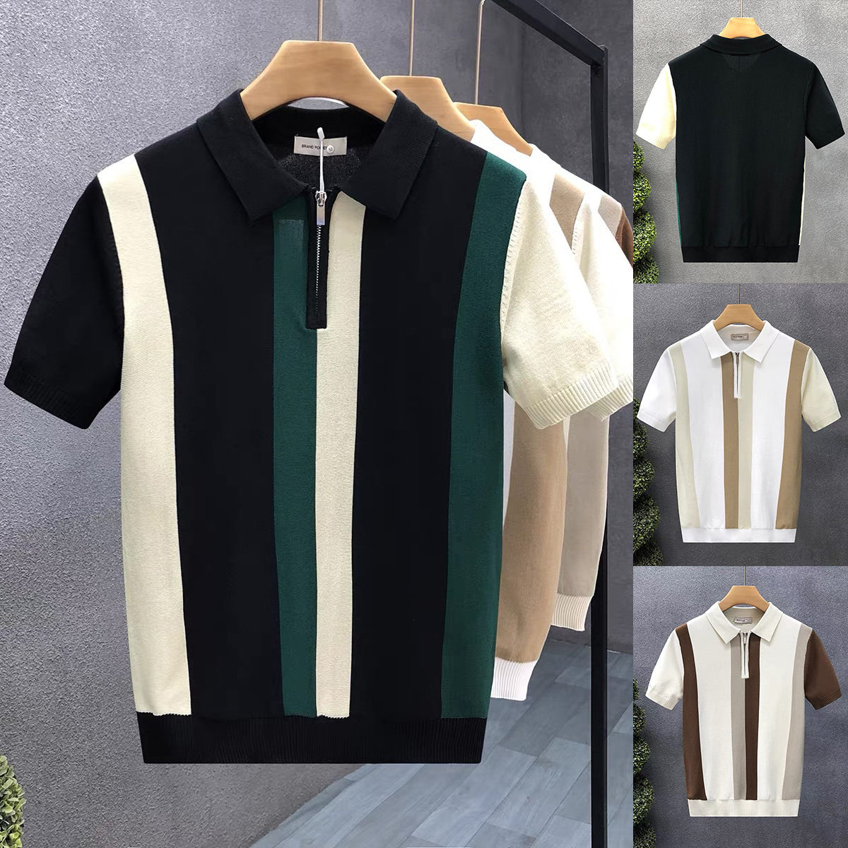 Polo camiseta camiseta de punto camiseta de manga corta camiseta de hombre a rayas solapa medio cremallera vieja fábrica de hielo de verano transfronteriza mayorista